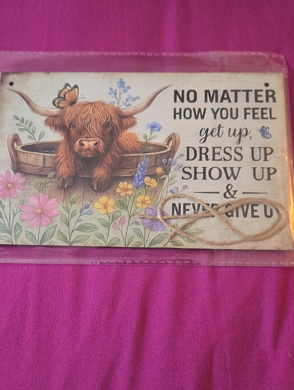 Inspirational Highland Cow Wall Sign - Pink Floral Home Decor